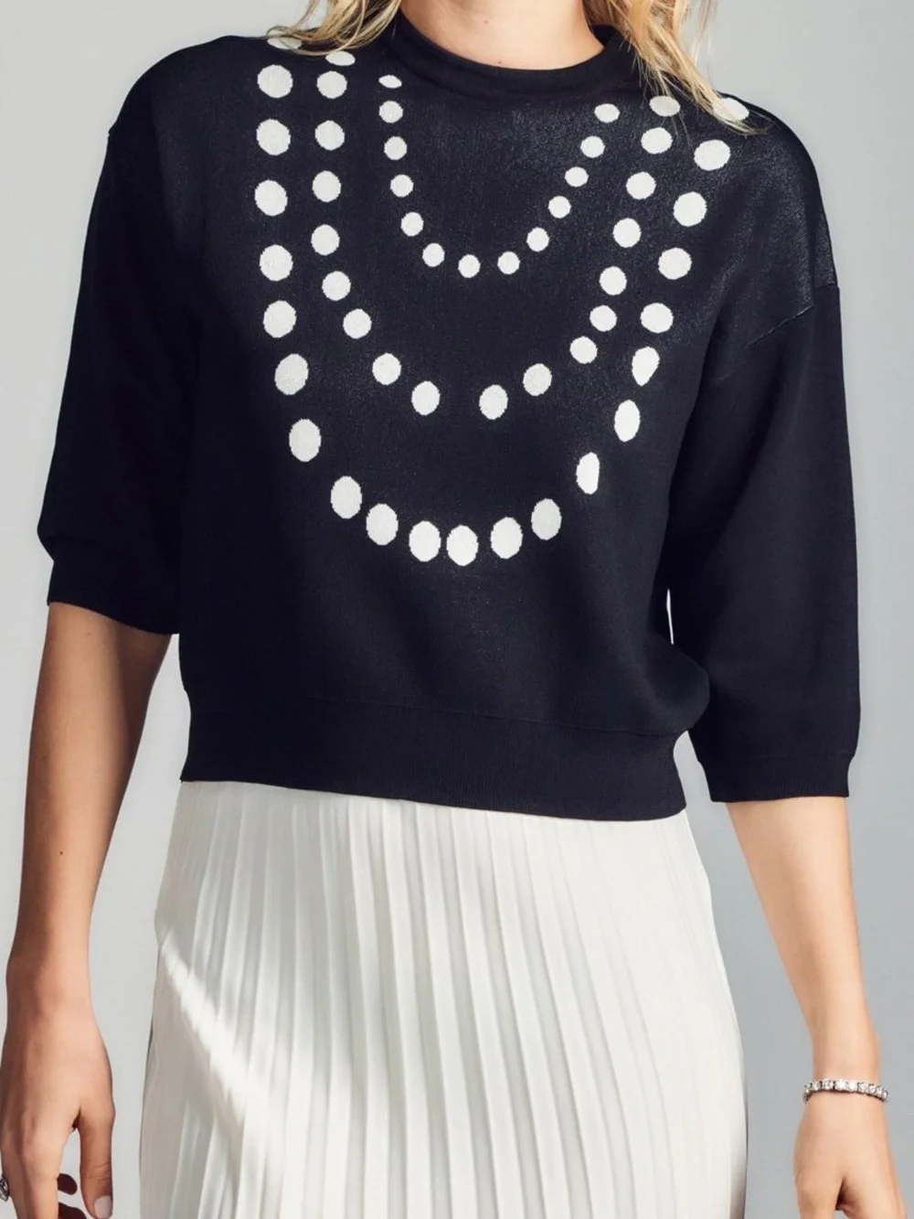 Aleeza Paris Pearly Knit Top Black Dot-Print Sweater NWT XS $138